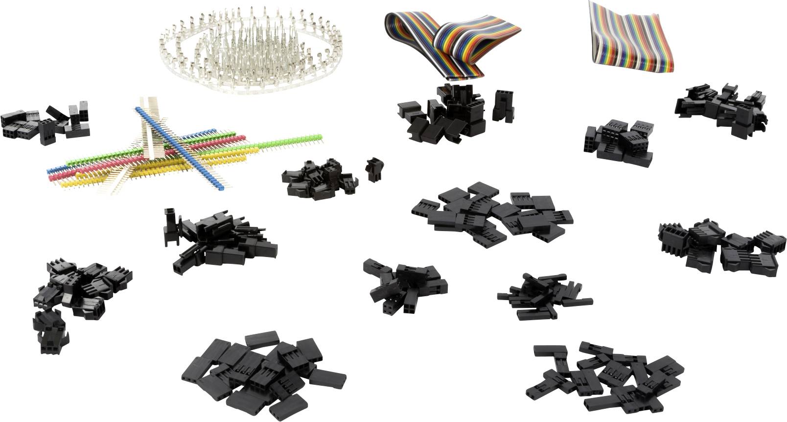 A set of electronic connectors and accessories, including pin headers, jumper cables and various black housing components.