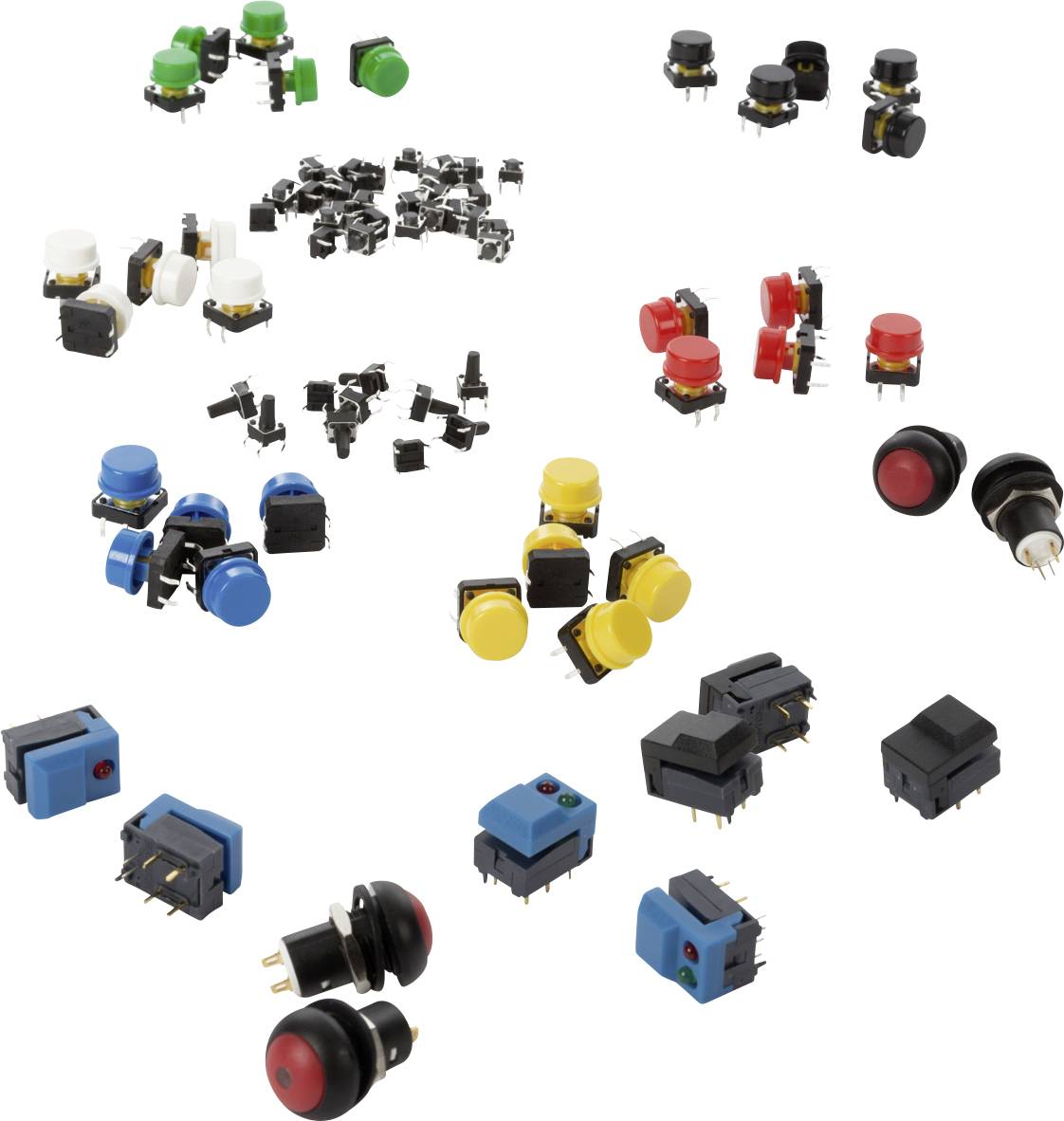 Various types of electronic push buttons in different colours, shapes and sizes, grouped by types and functions.