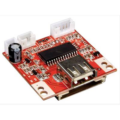 'Red electronic circuit board with various circuits and a USB port in the centre, suitable for technical applications.'