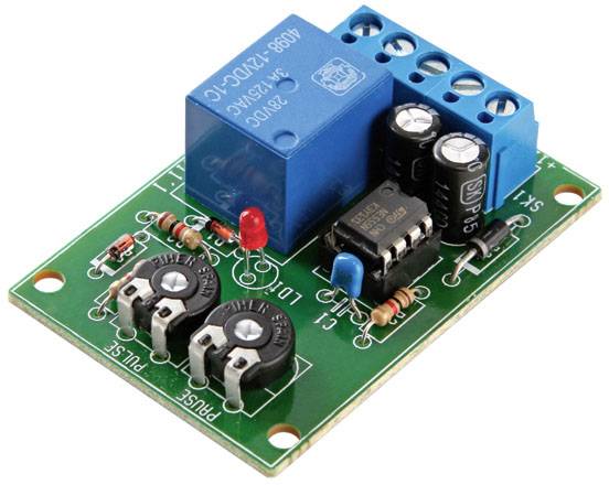 A green printed circuit board module with a blue relay, red and black resistors, and two black potentiometers.