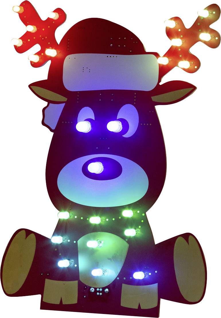 Illuminated reindeer decoration with colourful lights on its antlers, eyes, and belly, wearing a Christmas hat.