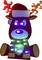 Illuminated reindeer decoration with colourful lights on its antlers, eyes, and belly, wearing a Christmas hat.