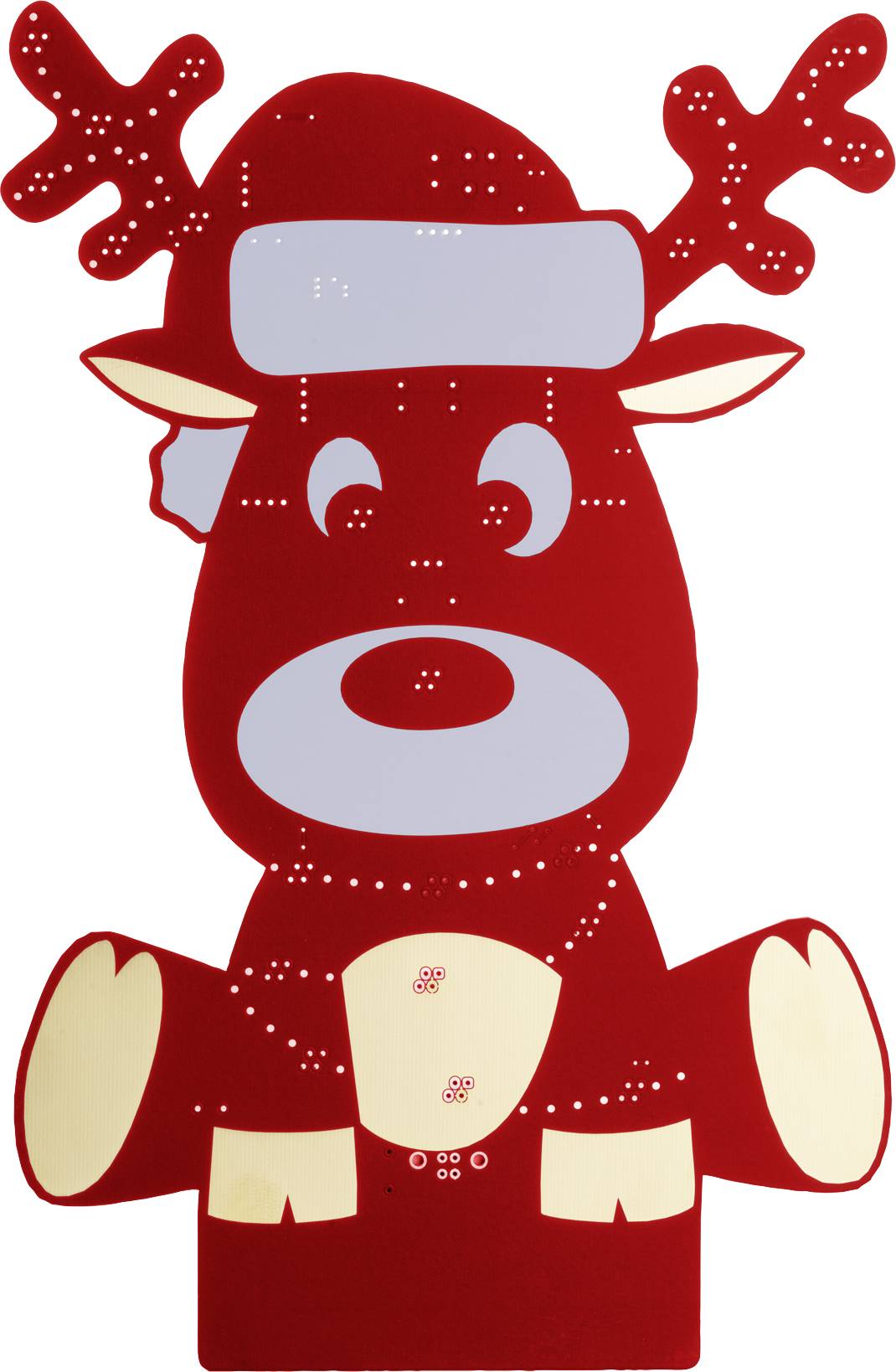 Red reindeer with antlers and a hat, stylised design, potentially Christmas-themed.