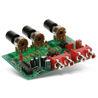 Green circuit board with three potentiometers, several electronic components and connections for audio interfaces.