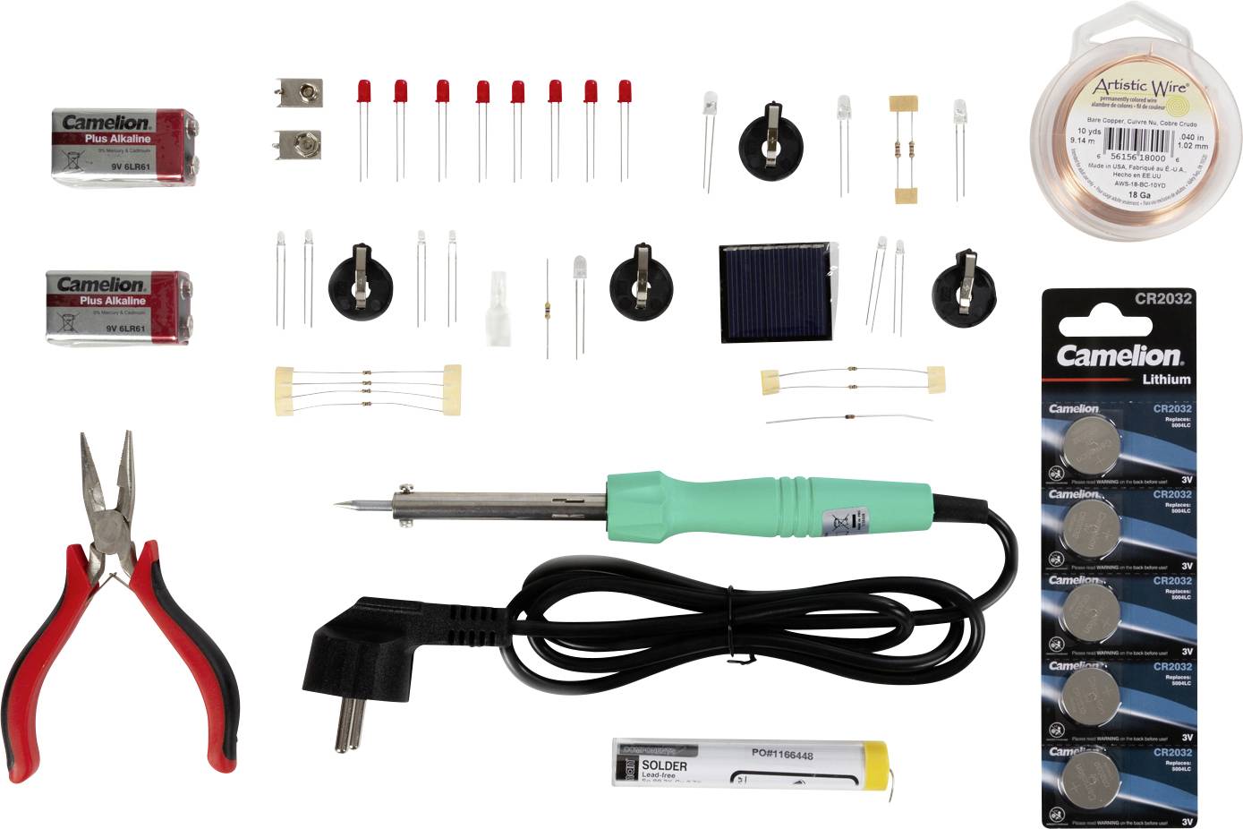 Soldering kit with soldering iron, pliers, batteries, various resistors and wires, suitable for electronics projects.