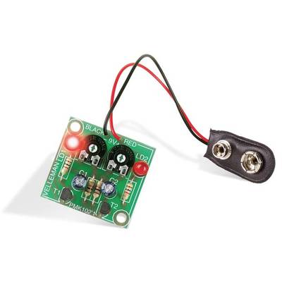 Electronic kit with circuit board, LEDs, resistors, and cables for a 9V battery connection to demonstrate simple circuits.