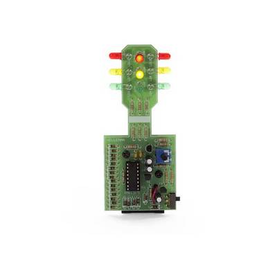 A green electronic circuit with illuminated LEDs in red, yellow, and green at the top. Displays signals or status indicators.