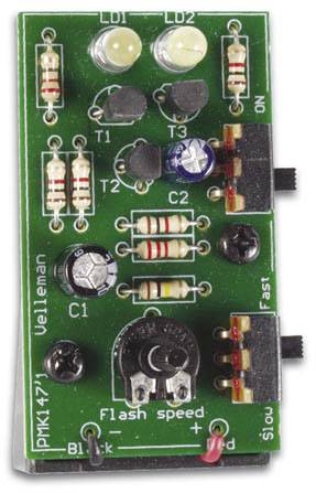 A green electronic circuit board with multiple resistors, LEDs, and a potentiometer, labelled with 'Flash speed', shows a simple circuit design.