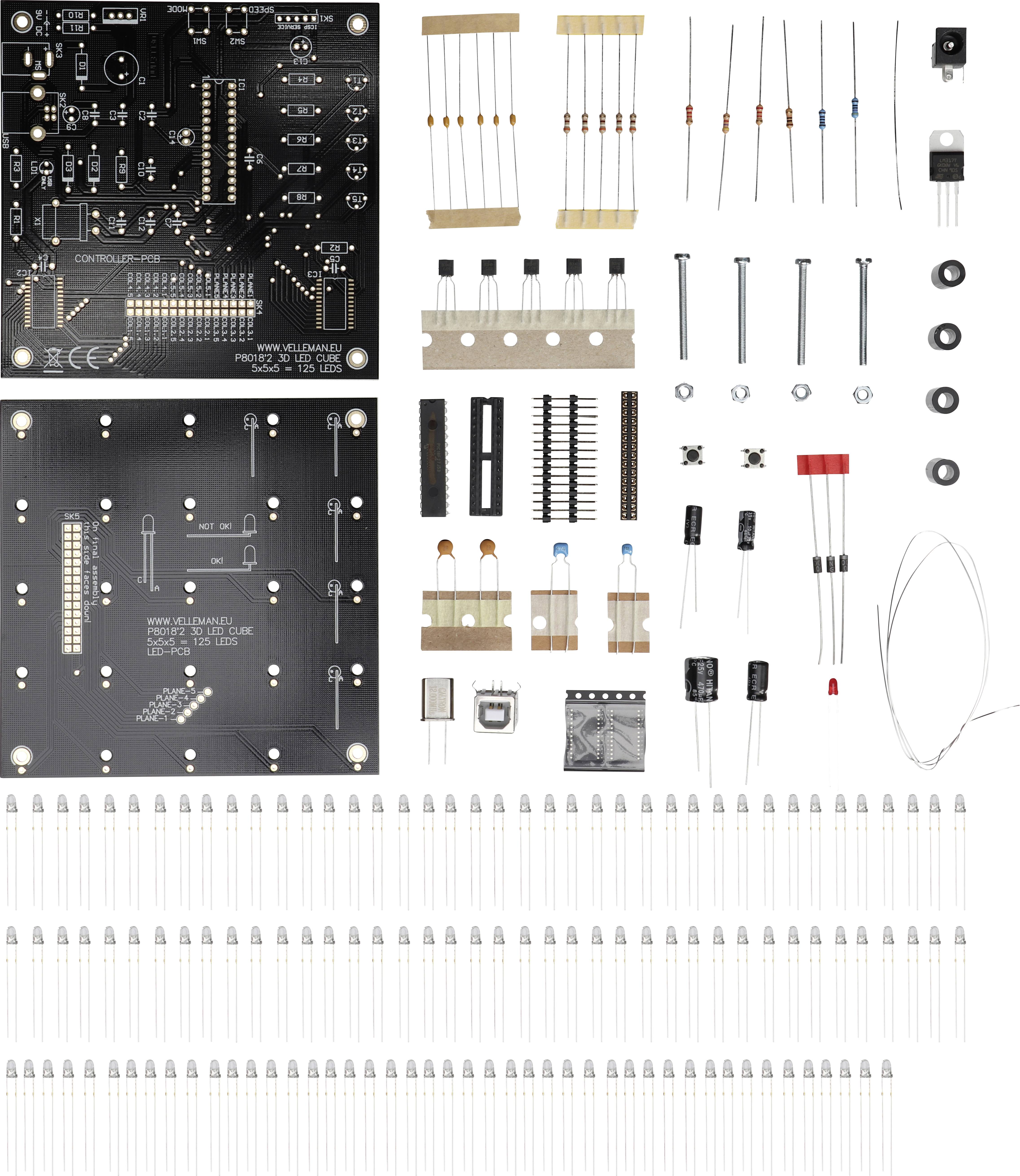 'Electronics Project Kit' with circuit boards, resistors, LEDs, switches, and cables for assembly and circuit creation.