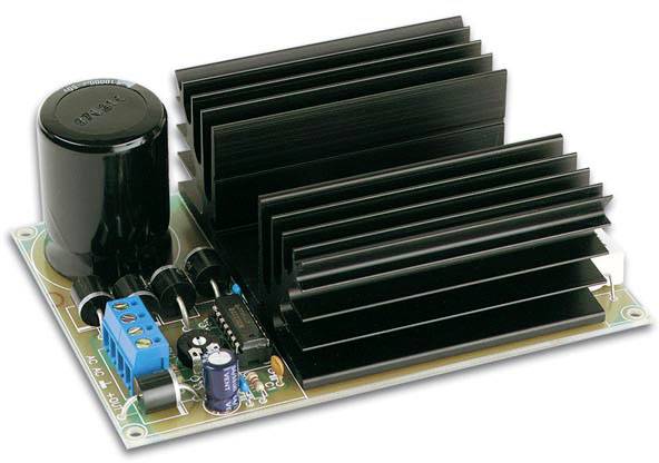 An electronic circuit with a capacitor, heatsink and various components.