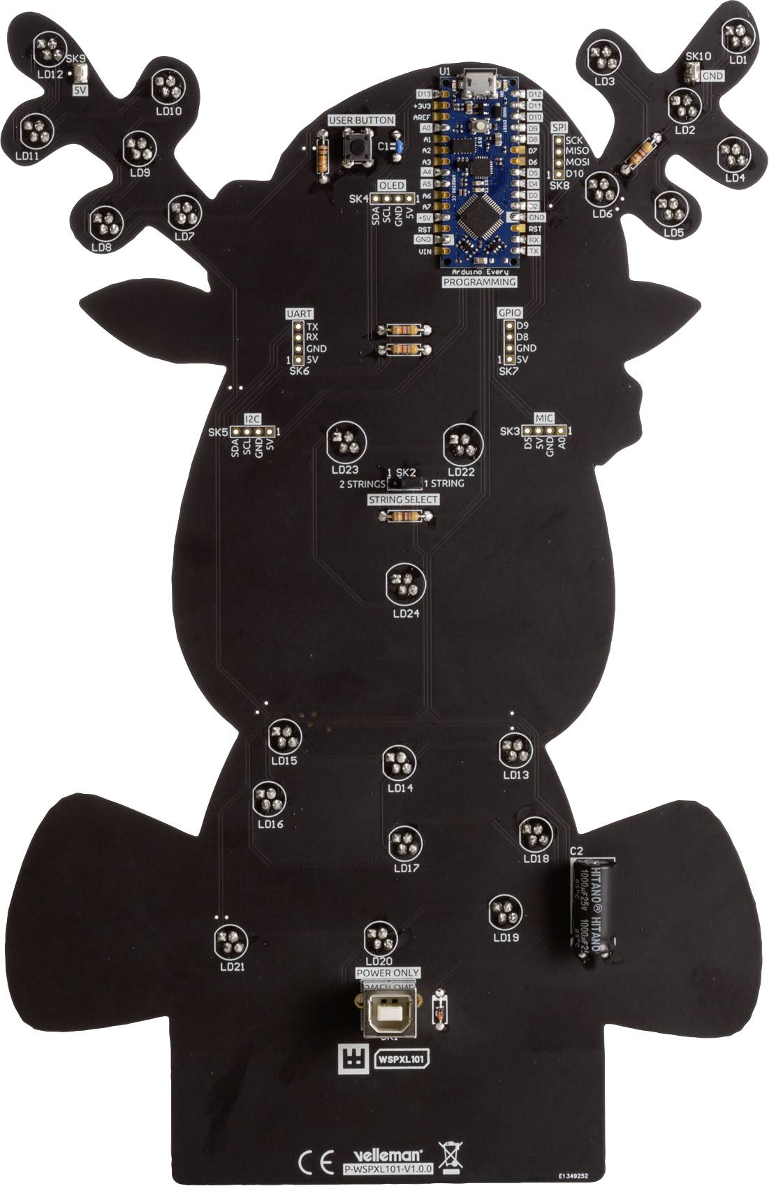 Black circuit board in the shape of a reindeer with electronic components. Antlers are suggested at the top, with a USB port located at the bottom.