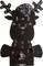 Black circuit board in the shape of a reindeer with electronic components. Antlers are suggested at the top, with a USB port located at the bottom.