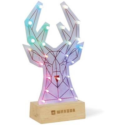 Illuminated decoration in the shape of a deer's head on a wooden floor. LEDs in various colours shine on a geometric surface.