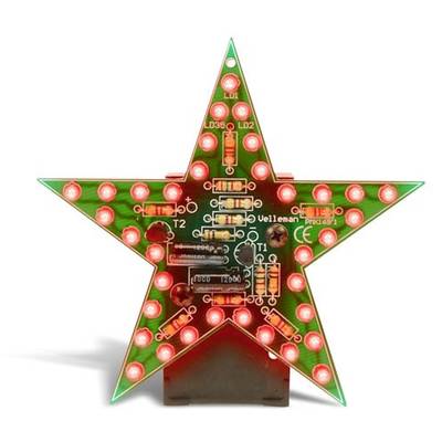 A star-shaped electronic circuit board with glowing red LEDs, standing on a rectangular base.