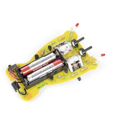 Electronic toy car without casing, showing the internal circuitry with two batteries and LEDs on a yellow circuit board.