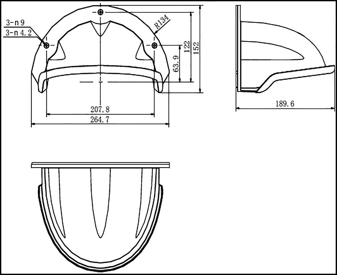 Technical Drawing of a Helmet: Front, Side, and Top Views with Dimensions. Dimensions: Width 264.7 mm, Height 152 mm, Depth 189.6 mm.
