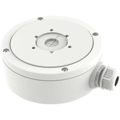 A round, white socket box with a central opening and multiple fixing screws, suitable for cable installations.