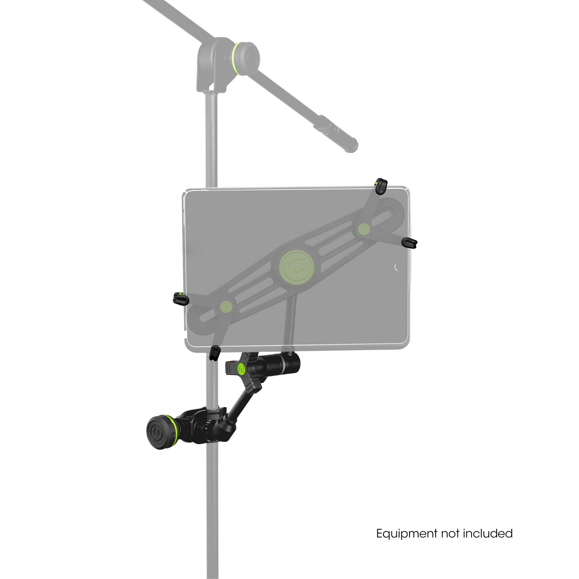 Tablet stand mount for microphone stand, with adjustable arms for securing. Note 'Equipment not included'.