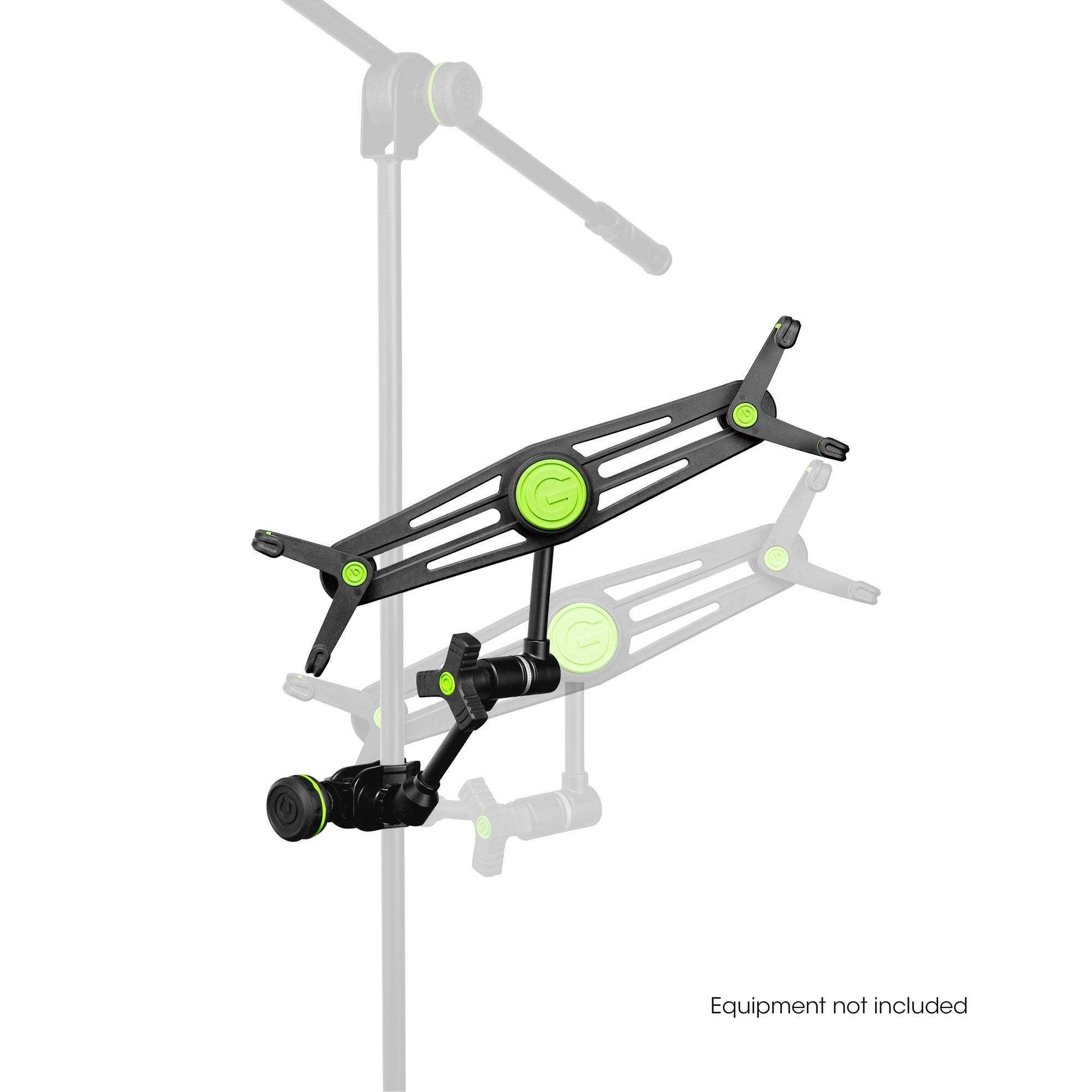 A microphone stand with a green and black design is attached to a tripod. Text in the corner reads 'Equipment not included'.