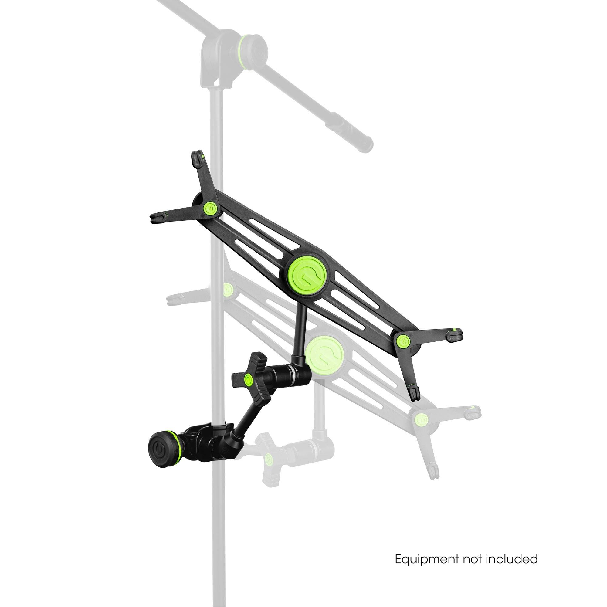 Microphone stand with a mount for a tablet or similar device. In the background, a partially transparent copy. Text bottom right: 'Equipment not included'.