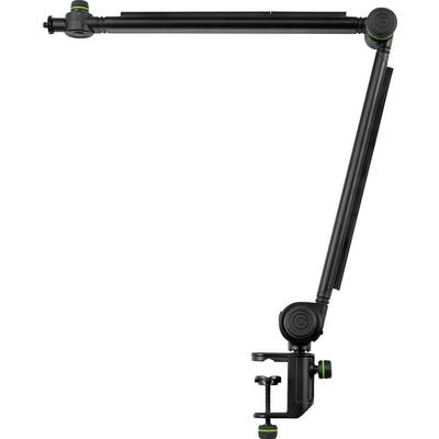 Black microphone-arm-like device with adjustable joints and a clamp for attaching to table edges.