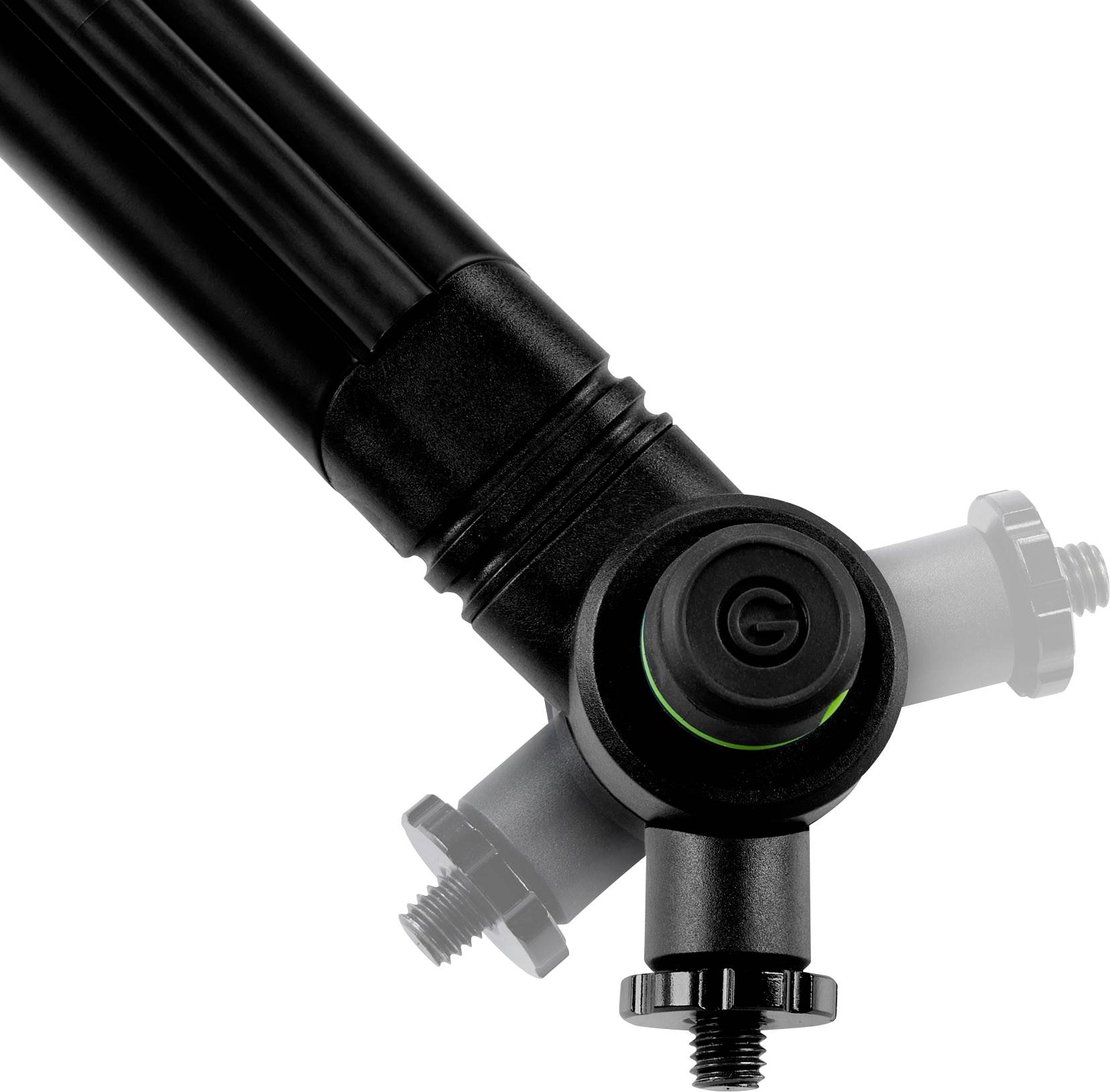 A black metal arm with adjustable joint and screws, perfect for flexibly mounting accessories to a table or wall.