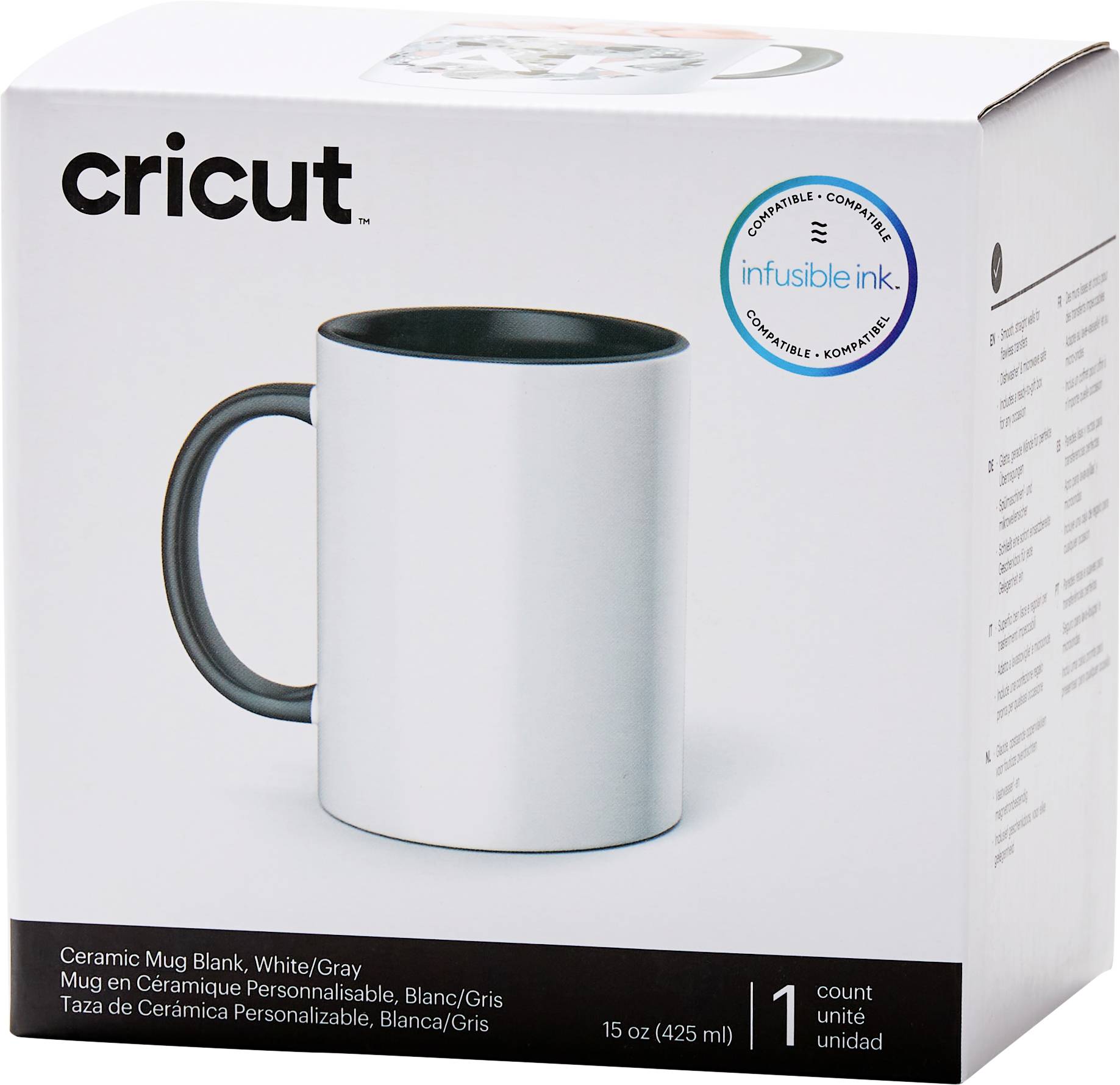 Packaging for a white personalizable ceramic mug by Cricut, suitable for use with Infusible Ink.