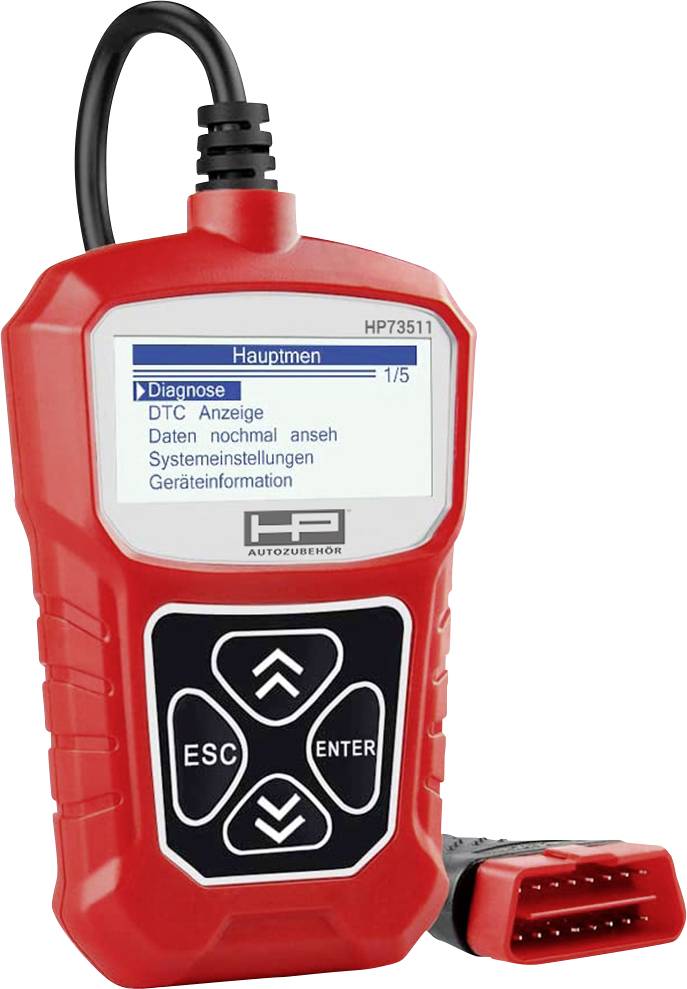 A red OBD2 diagnostic device with a screen. Displays menu options such as 'Diagnosis', 'DTC Display', and 'System Settings'.