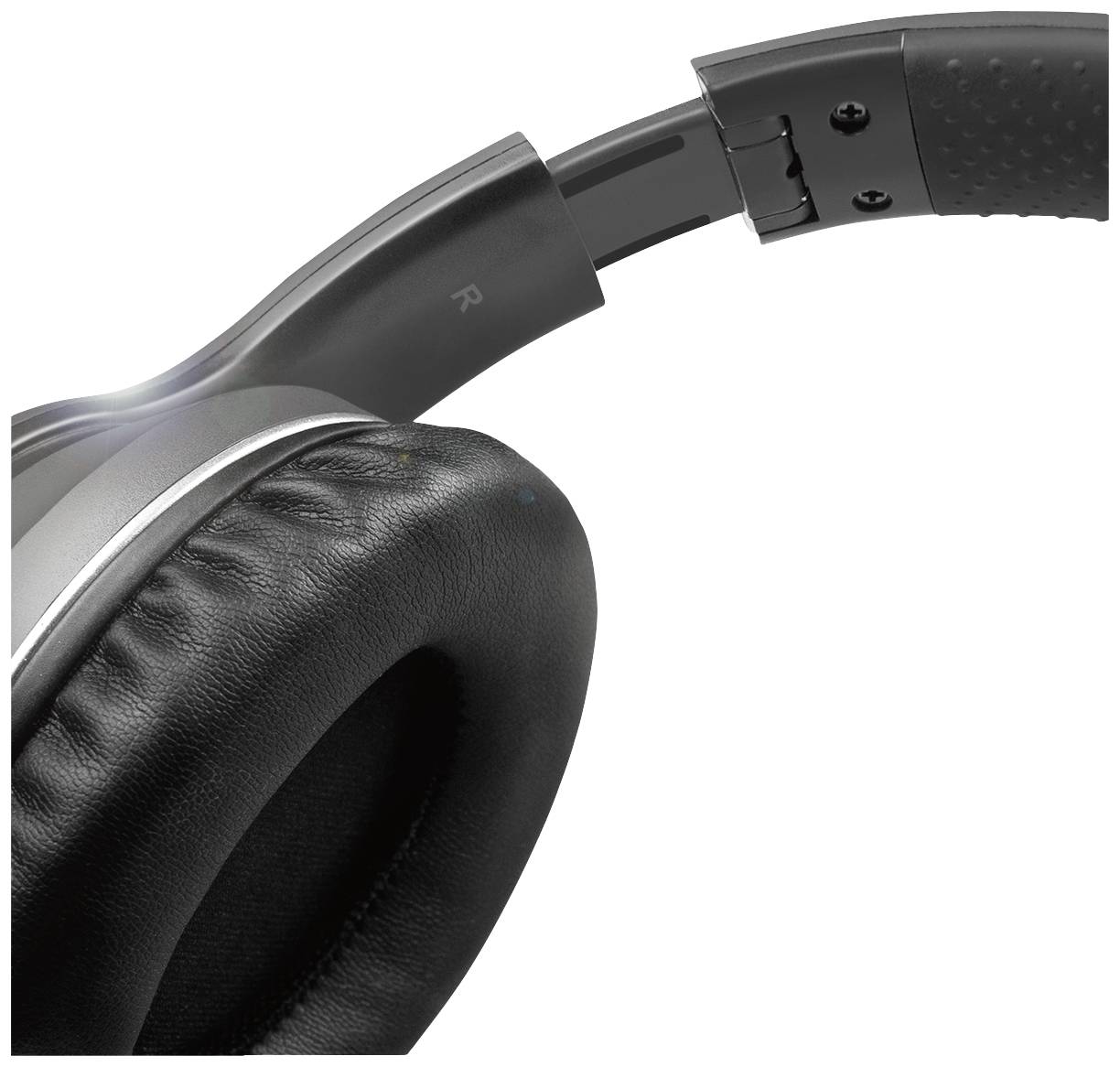 Close-up of a black over-ear headphone, showing the right ear cushion and adjustable headband.