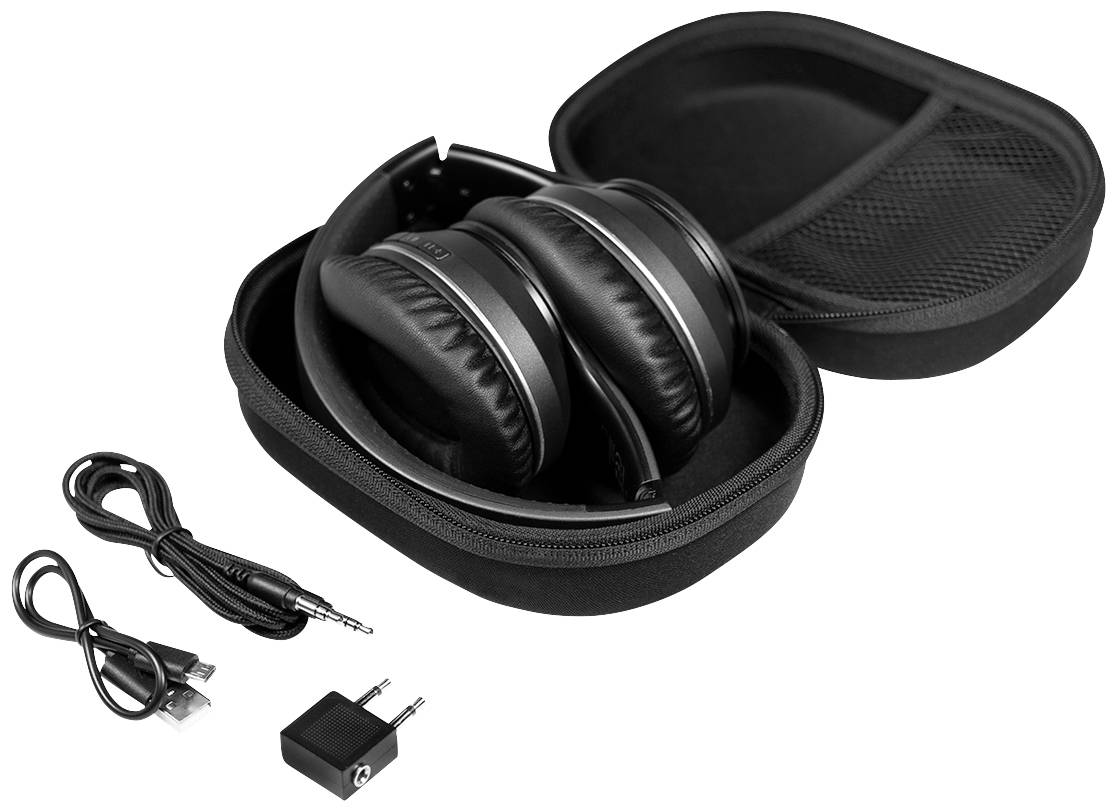 Black over-ear headphones in an open zip-up case, accompanied by an audio cable, a USB cable, and an adapter.