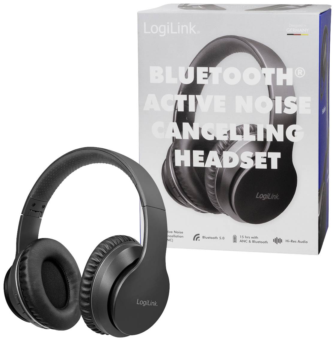 Noise-cancelling headphones by LogiLink in front of product packaging. Packaging highlights Bluetooth and Hi-Res audio features.