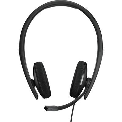 A black headset with padded ear cups and an adjustable microphone boom is shown.