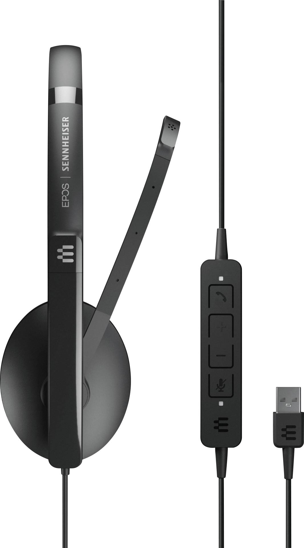 A black USB headset with a microphone arm and control buttons on the cable; brand is visible.