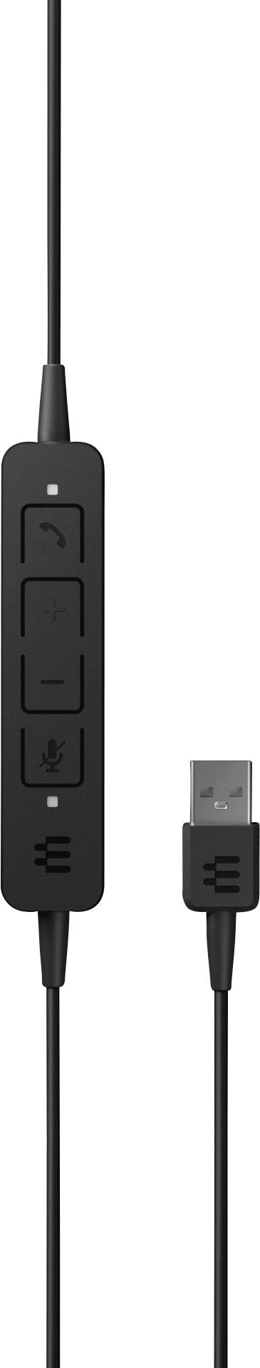 Black headset cable with USB plug and in-line controls. Buttons for call answering, volume adjustment, and microphone muting.