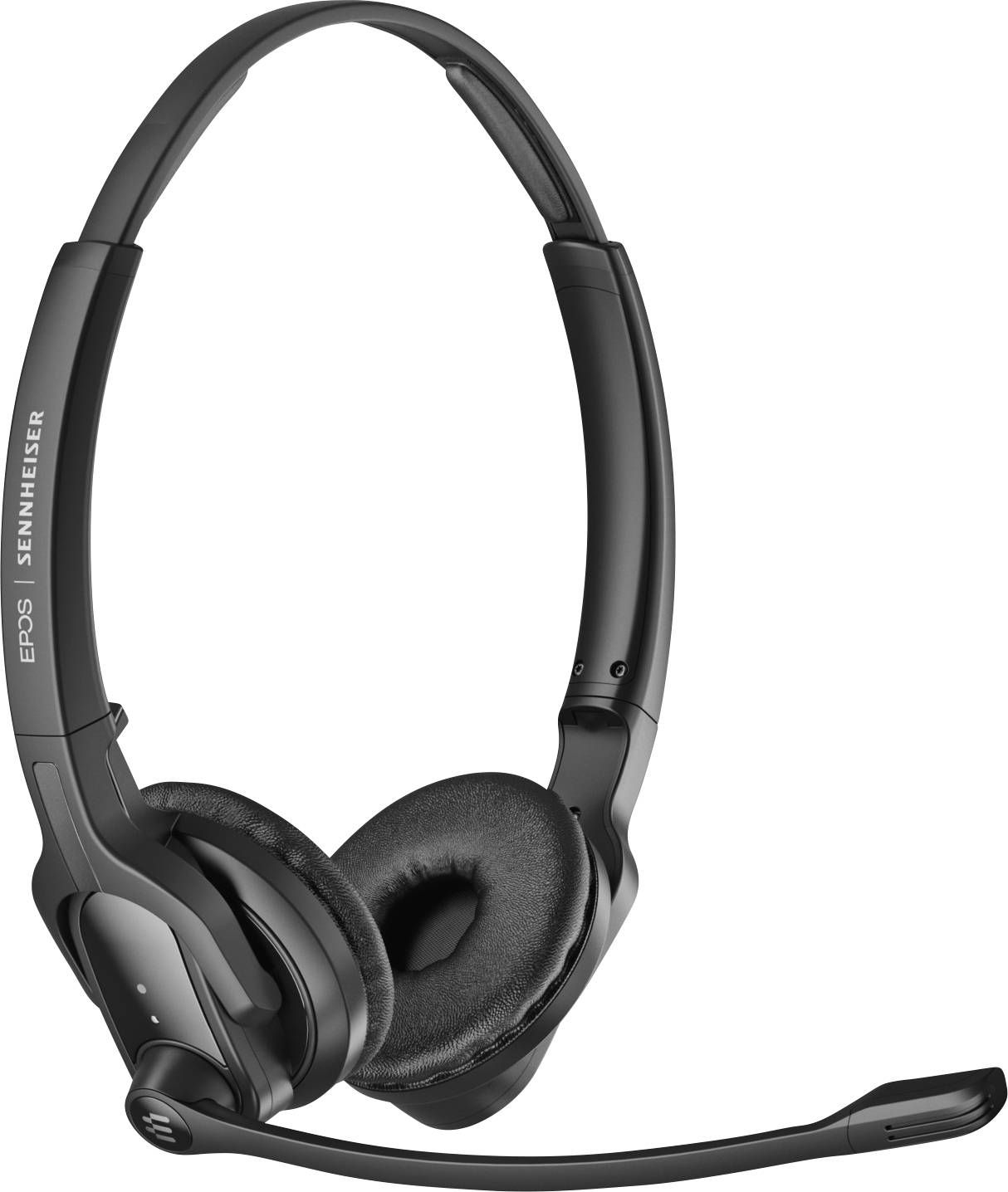 Black headset with microphone arm, fold-down ear cushions, and adjustable headband, suitable for professional communication.