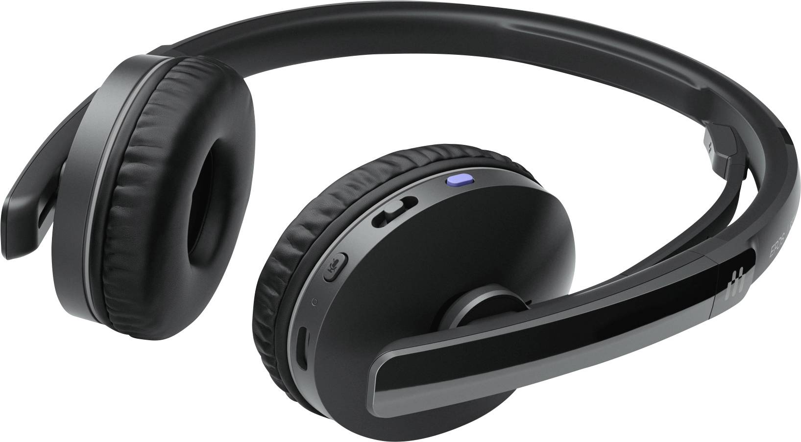 Black, wireless headphones with padded ear cups and an adjustable headband on a white background.