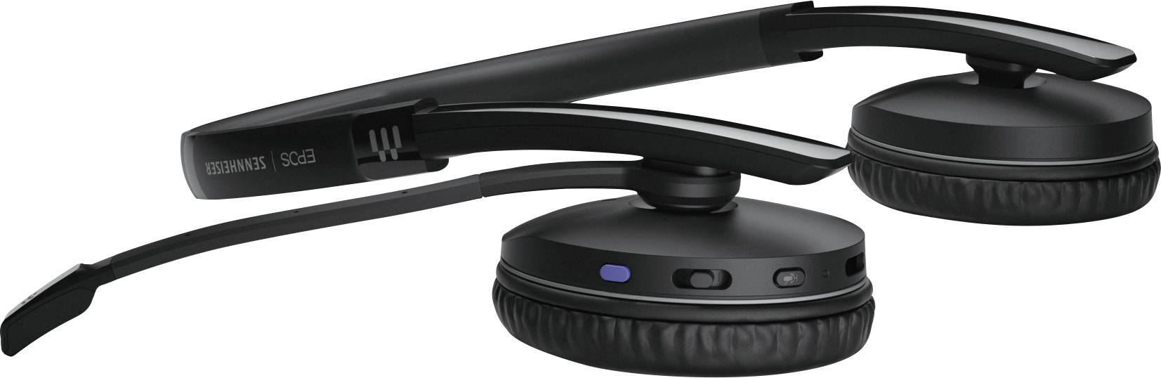 Black, wireless, lightweight headphones with ear hooks. Buttons on the earpieces allow for easy control.