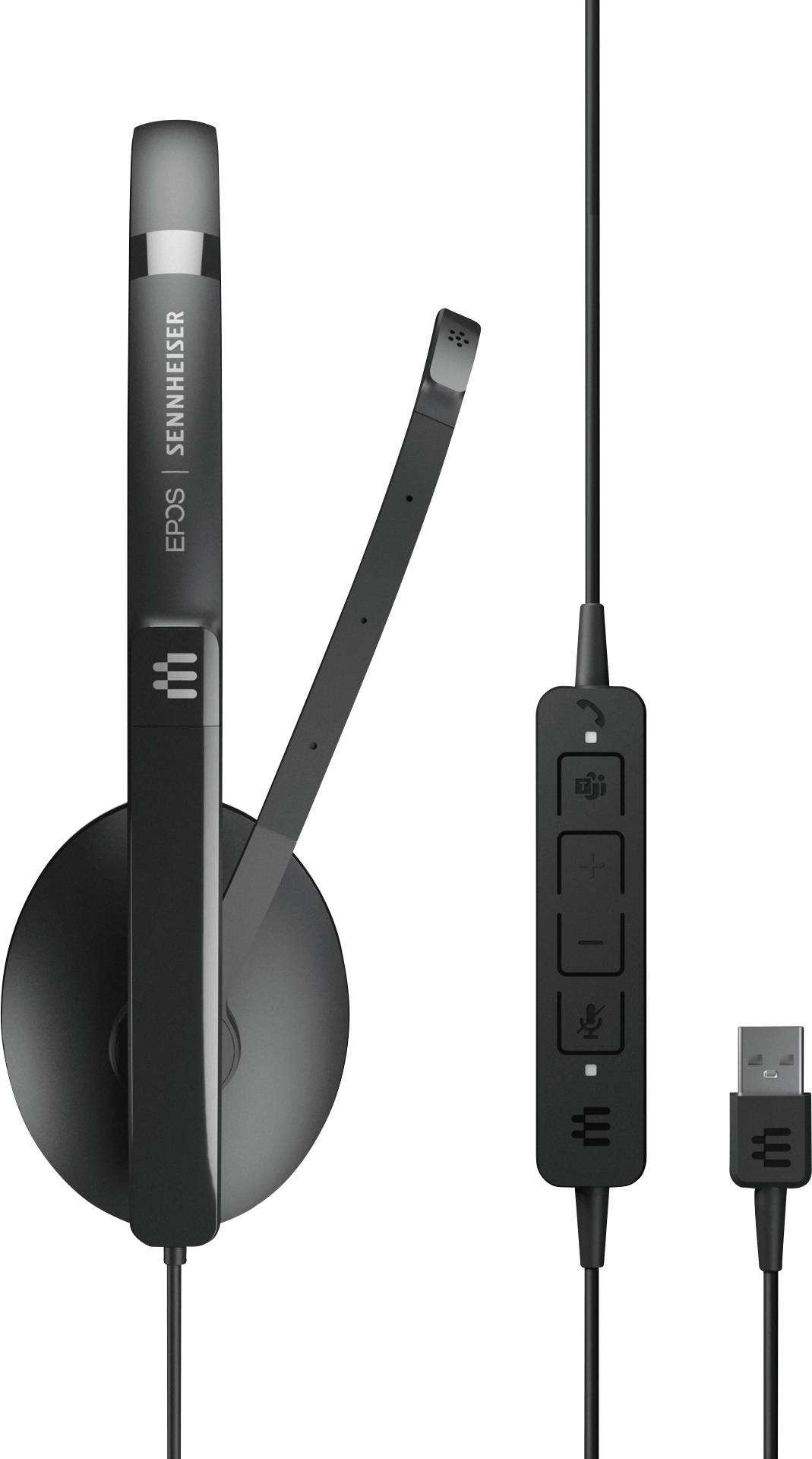 Black USB headset with microphone arm and cable controls by EPOS Sennheiser. Perfect for telephone calls and virtual meetings.