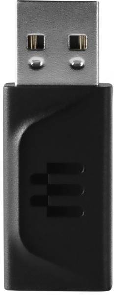 USB stick with a black plastic casing and silver connector.