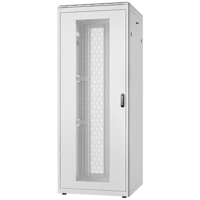 A white server cabinet with a glass door and handle, free-standing; several perforated shelves visible inside.