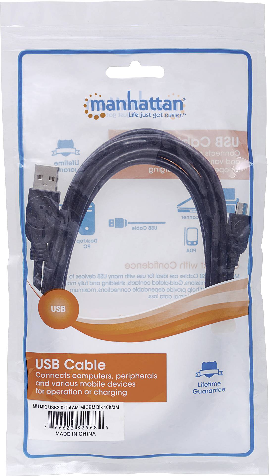 Manhattan USB cable USB 2.0 USB Micro-B plug, USB-A plug 3.00 m Black 325684-4