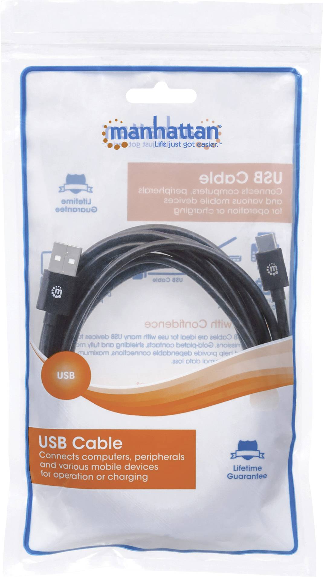 'USB cable in packaging with blue and orange lettering. Compatible with computers and mobile devices. Lifetime guarantee.'