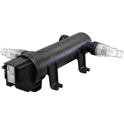 A black UV pool sanitizer with clear inlet and outlet connections. Used for disinfecting pool water by eliminating microorganisms.