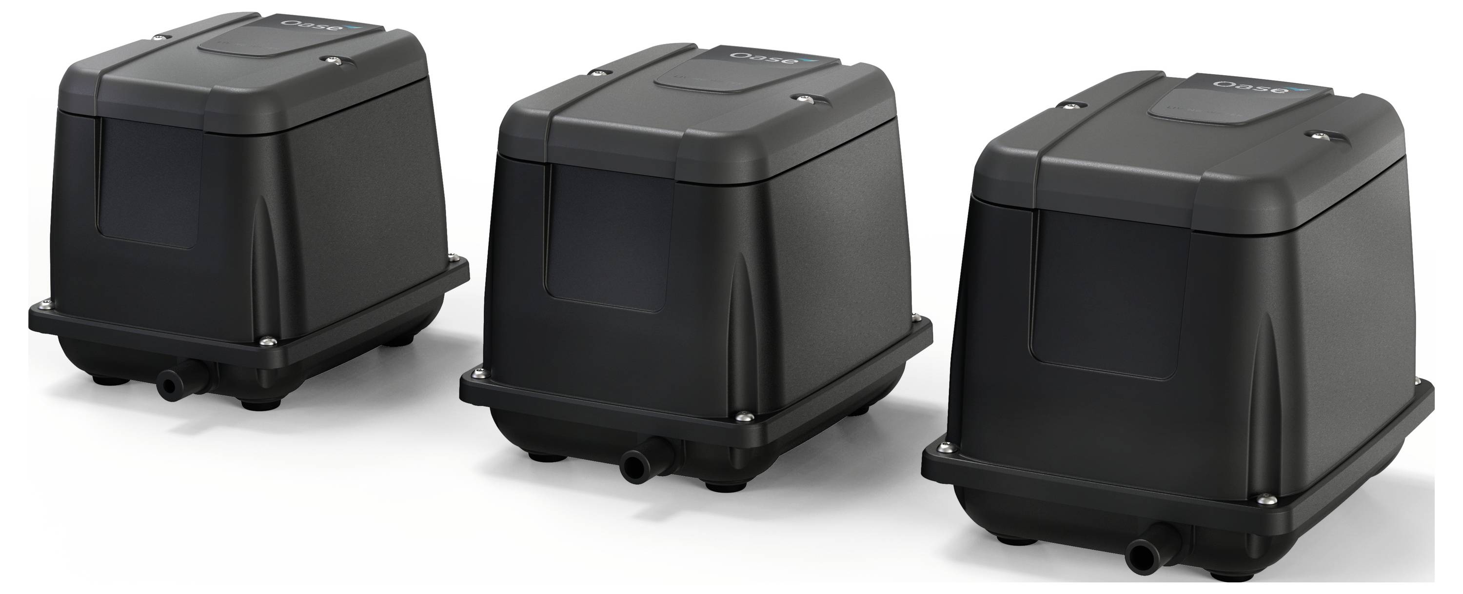 Three black air pump units are lined up on a white background. Each has a rectangular shape with a flat top and side openings.