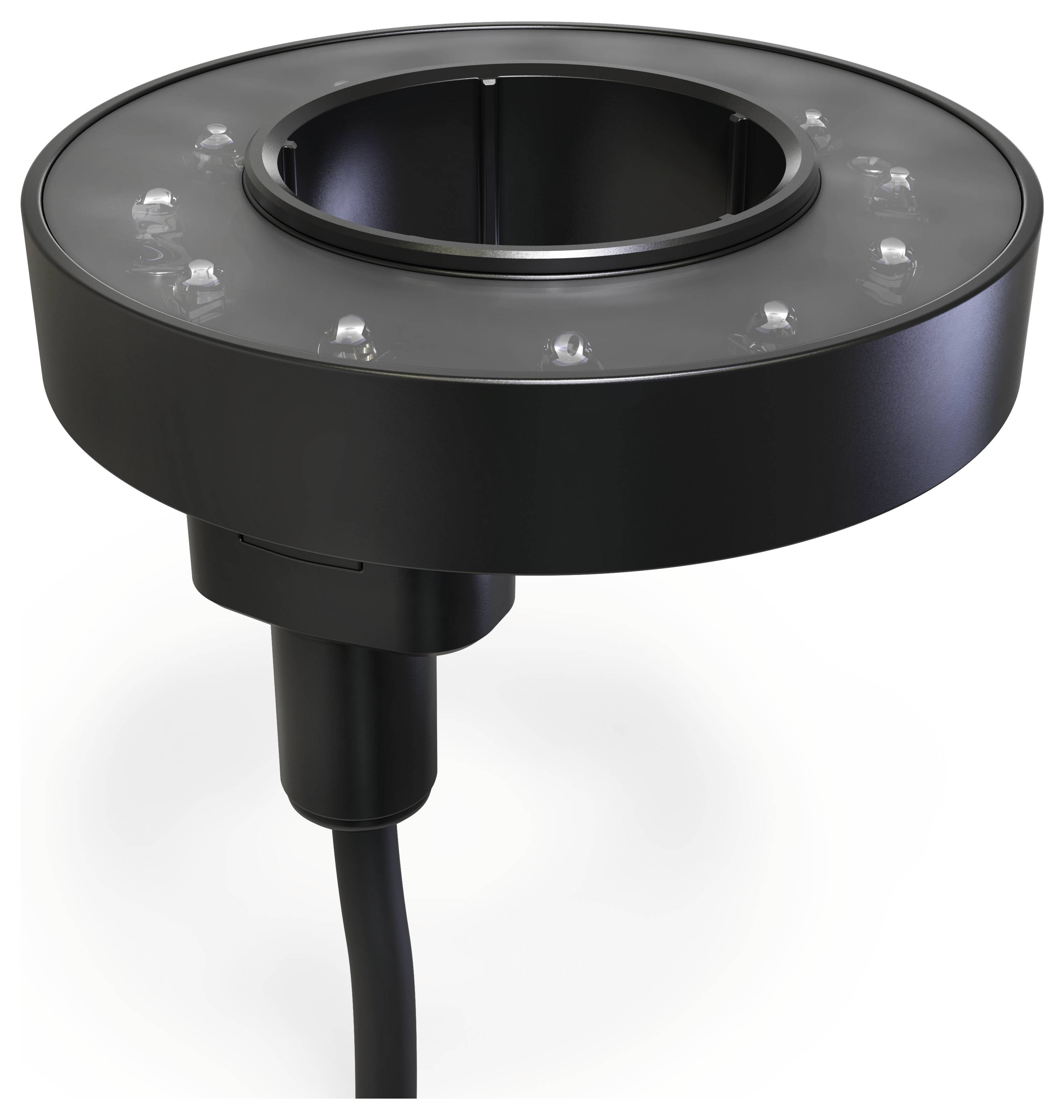 A round black LED light ring with nine small bulbs mounted on a central cylindrical fixture.
