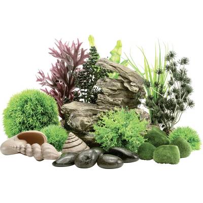 A variety of aquarium decorations including artificial plants, stacked rocks, shells, and stones arranged to create a natural-looking environment.