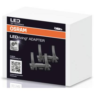 Packaging of an OSRAM LED 'ADAPTER', 12V, with QR code for compatibility checking. Includes image of the adapter and logo.