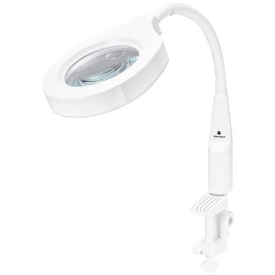 A white magnifying lamp with a flexible arm and table clamp for precise work in craft or laboratory settings.