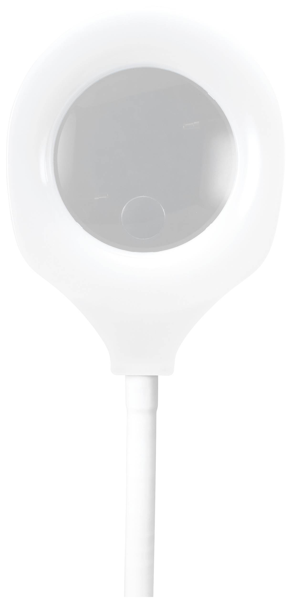 A small white cylindrical rod with a round, glossy surface that reflects light. It resembles a charger or a sensor.