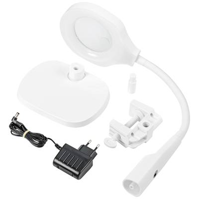 Magnifying Lamp in White, consisting of a flexible arm, circular magnifying glass, clamp, and mains adapter, for table mounting.